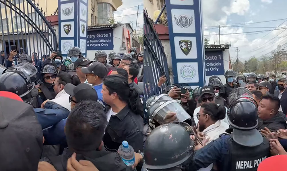 एन्फा मुख्यालय अगाडि क्लब प्रतिनिधिहरूको नाराबाजी