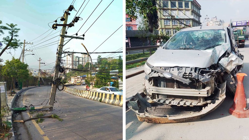 ललितपुरमा कारको ठक्करबाट बिजुलीको पोल भाँचिएर बीच सडकमा पुगेपछि यातायात बन्द