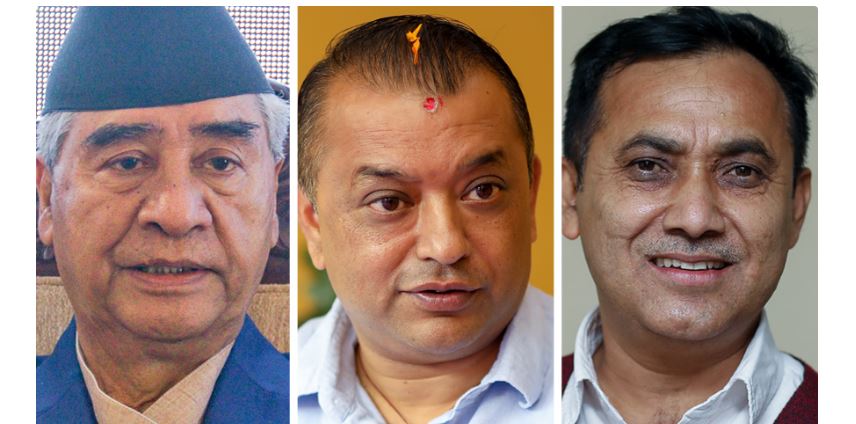 दुई महामन्त्री गगन र विश्वप्रकाशसँग छलफल गर्दै देउवा